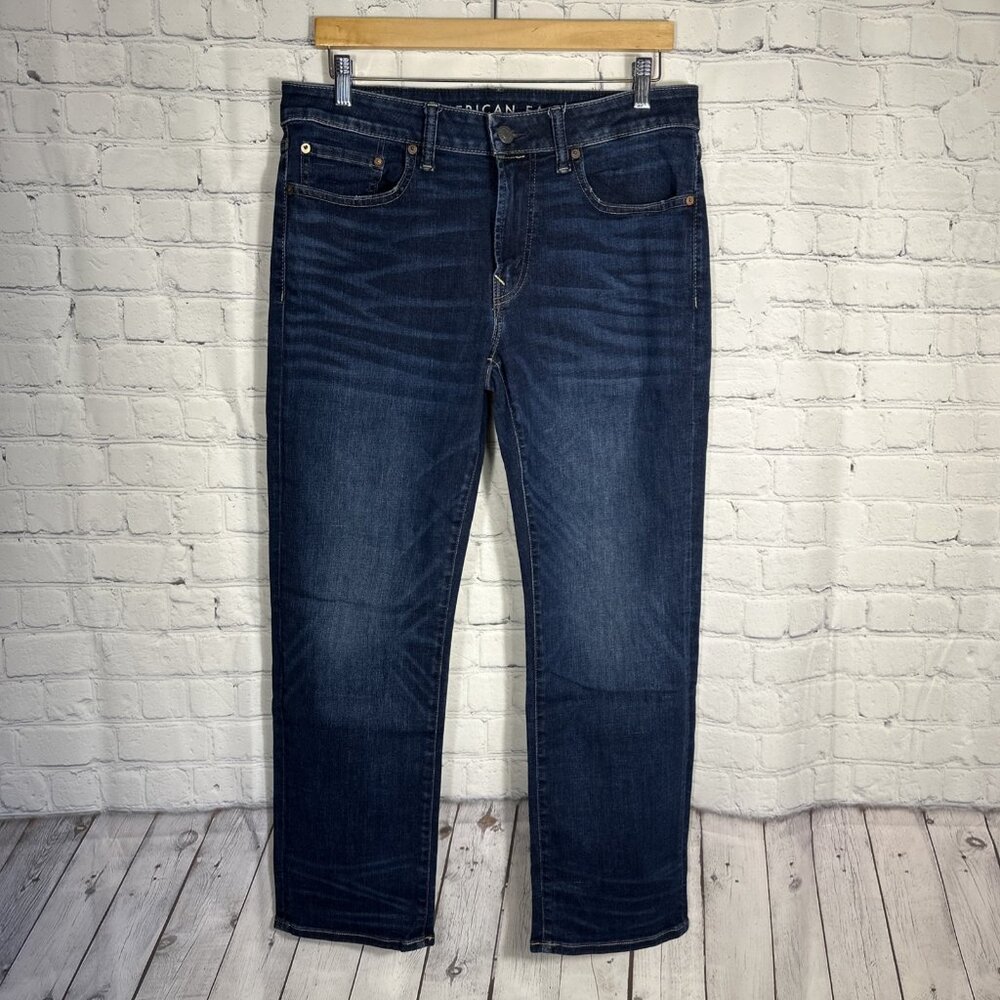 American Eagle Jeans Mens 32 Blue Original Straight Dark Wash Denim 2019 HEMMED